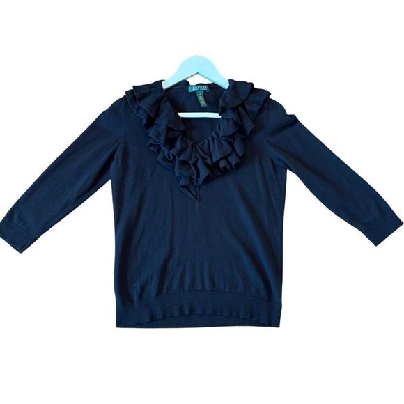 Lauren Ralph Lauren silk cotton blend ruffle neck sweater m - Picture 1 of 8
